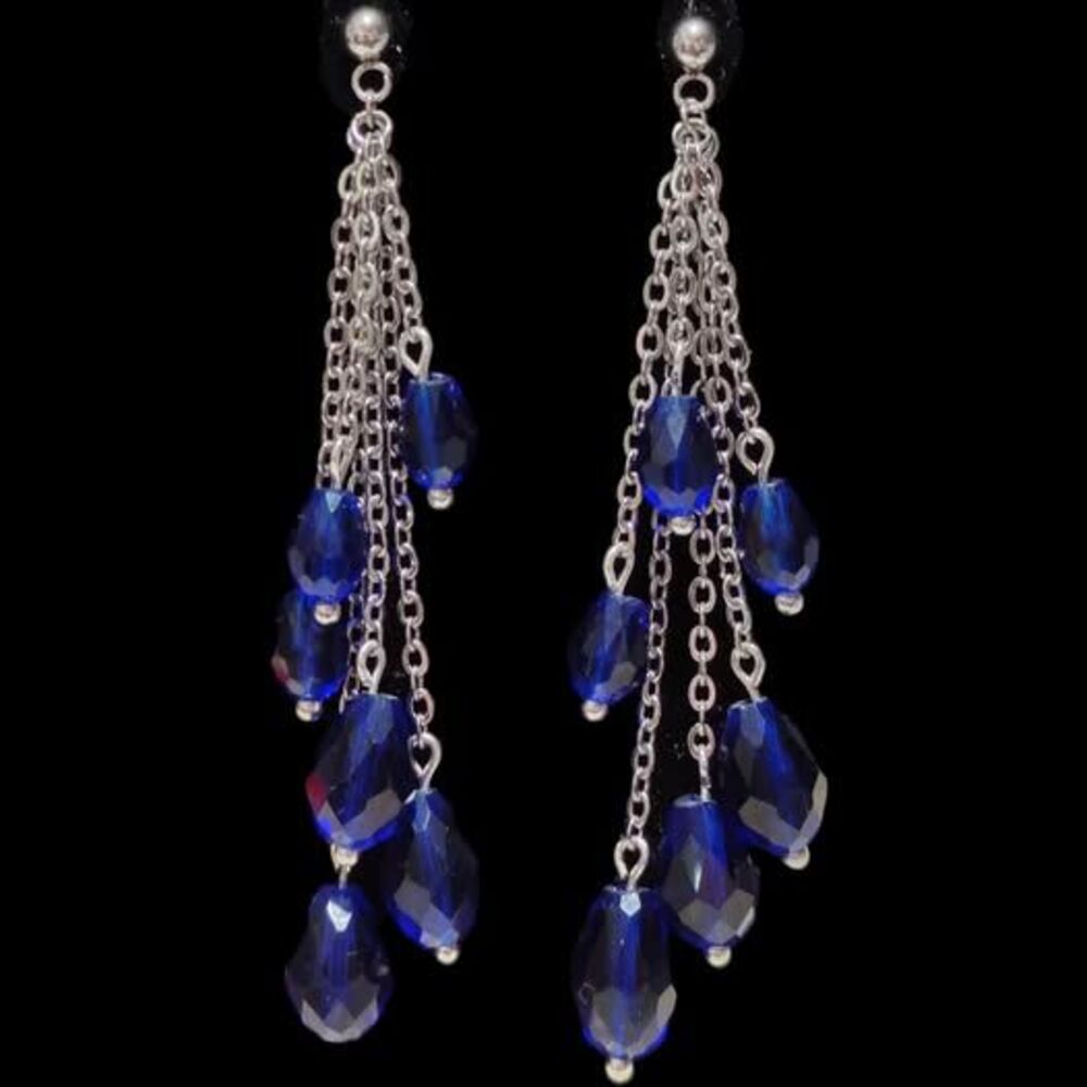 Blue Layered Crystal Earrings-Wires-Silver